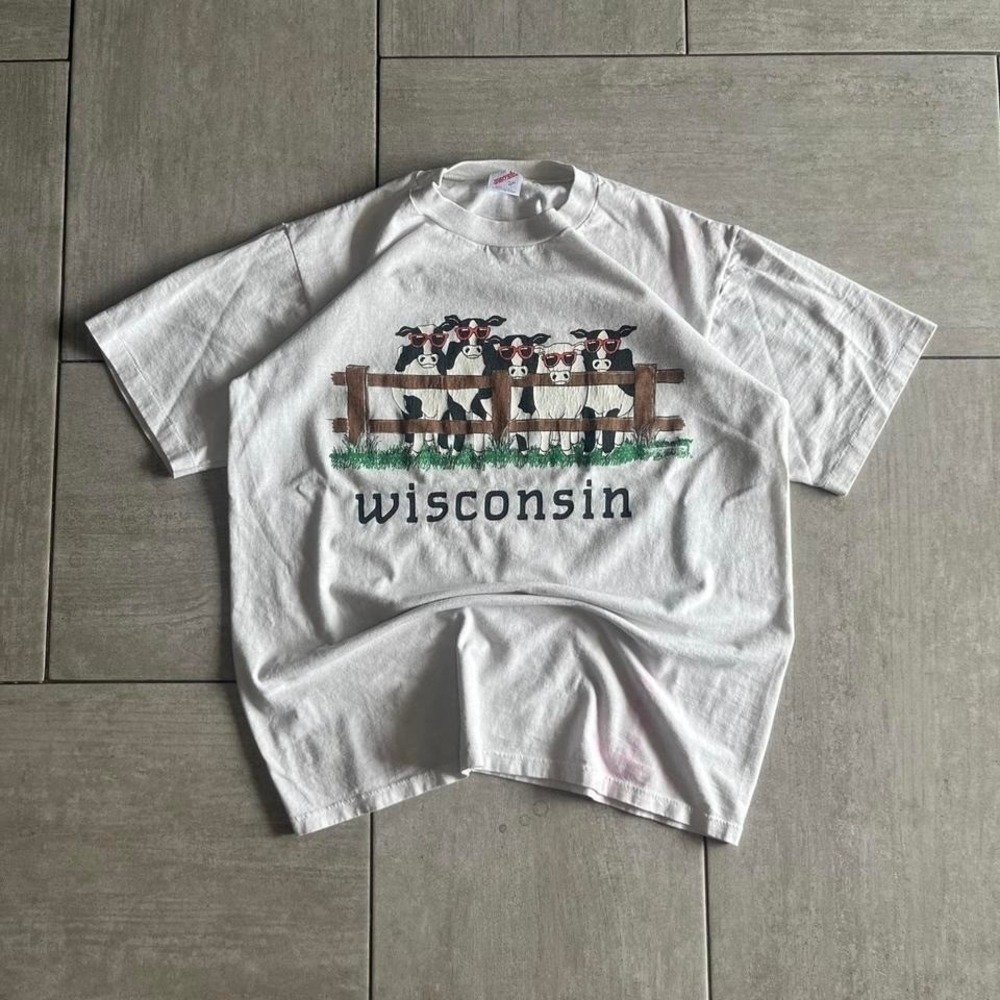 Vintage Jerzees Wisconsin Cow Graphic T Shirt White Single Stitch